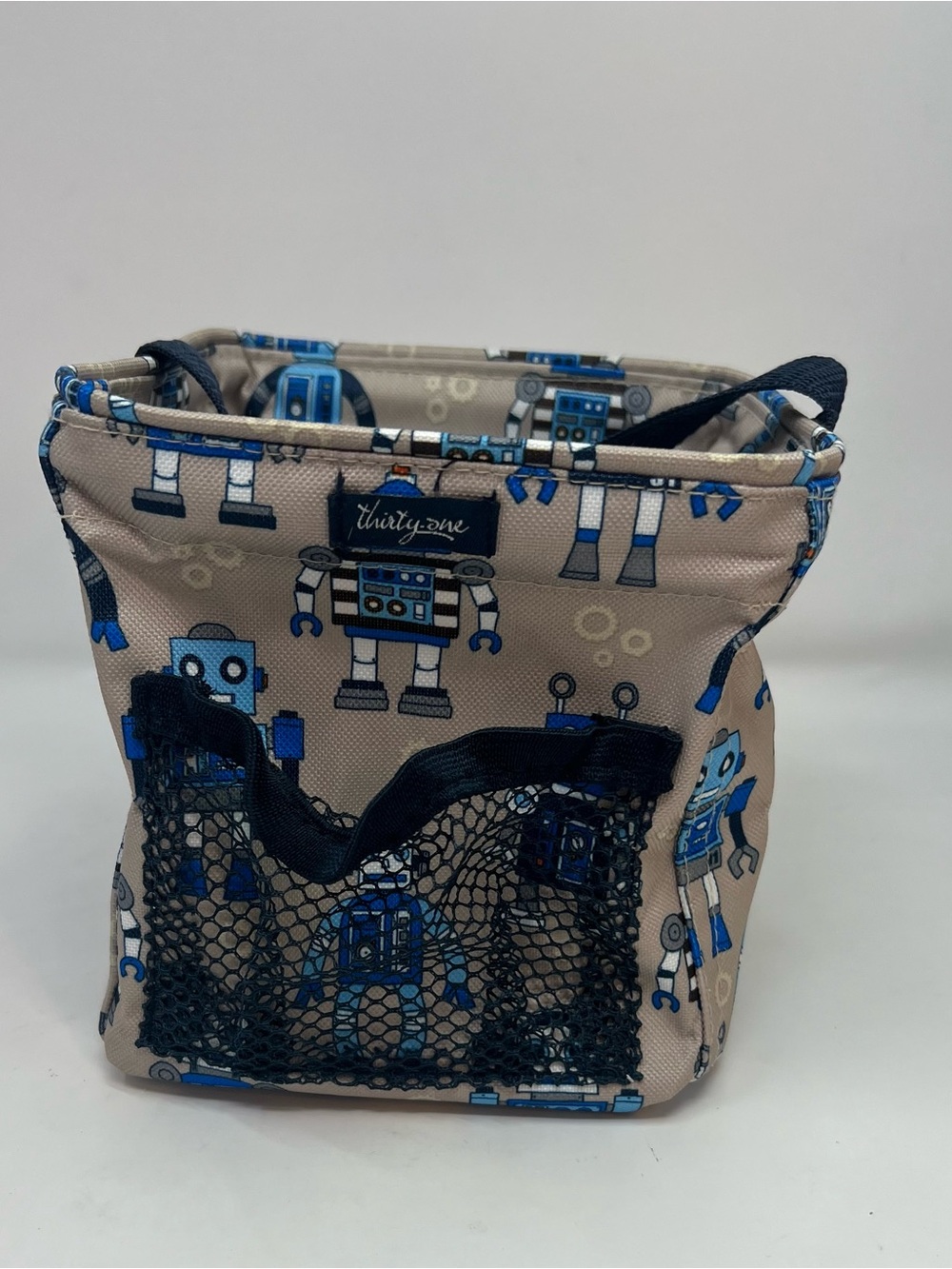 Thirty-One Robot Print Storage Bag Tissue Box Holder Tan Blue Rare Retired